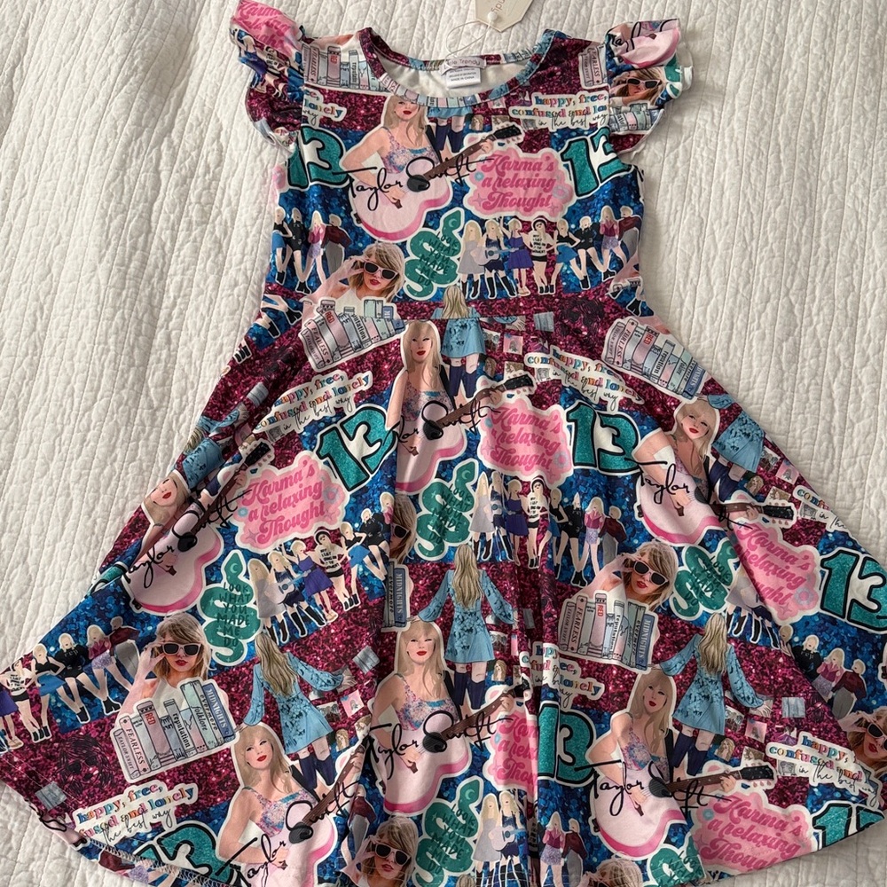 Taylor Swift Pink, Teal & Navy Graphic Flutter-Sleeve Kids Dress